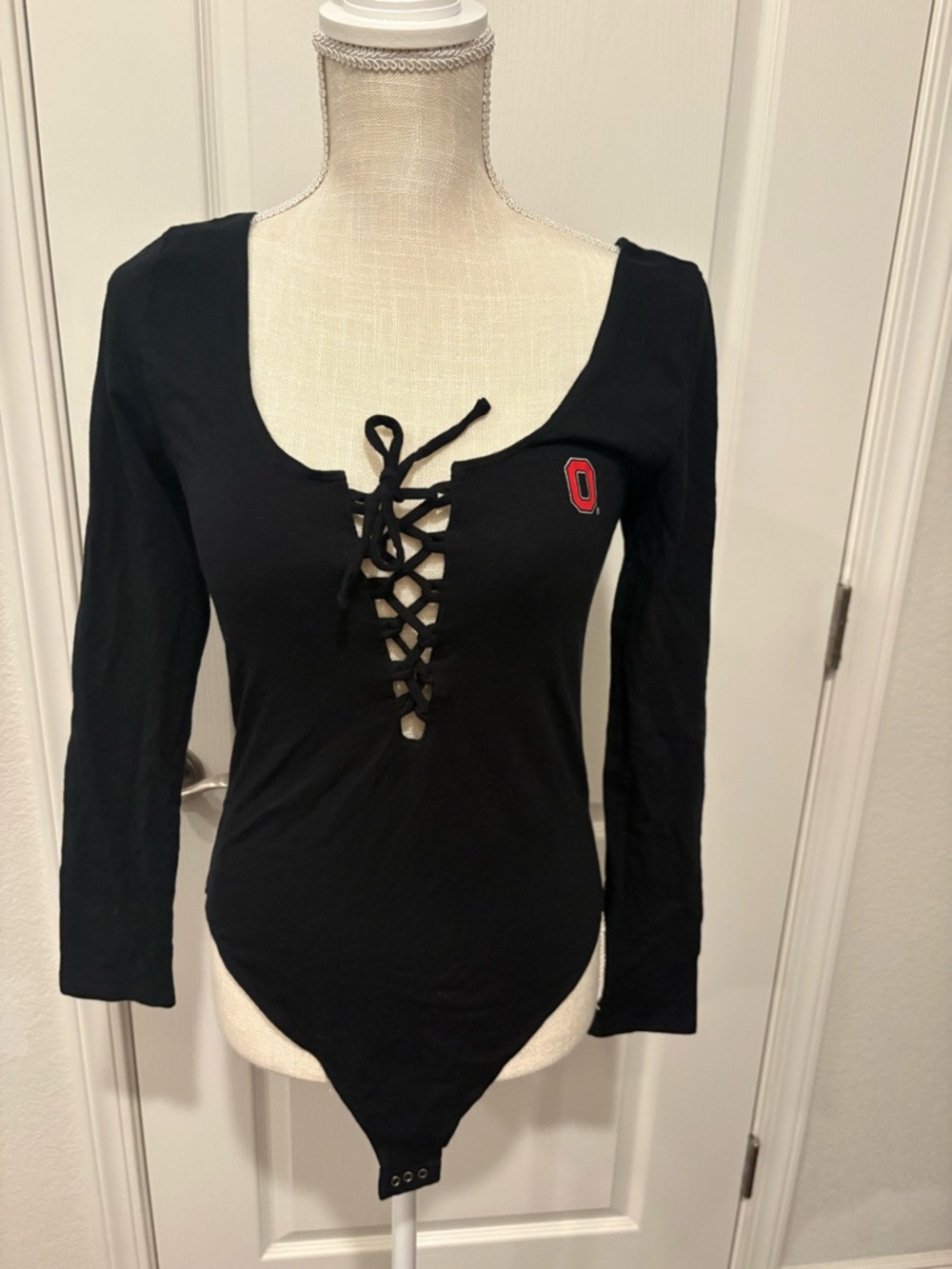 PINK Victoria's Secret Black Ohio State Sleeve Bodysuit with Red 'O' Patch